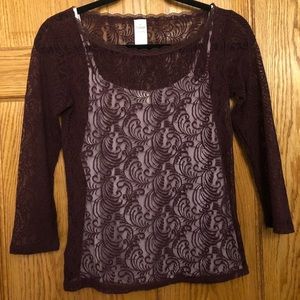 Lace maroon shirt with light pink cami